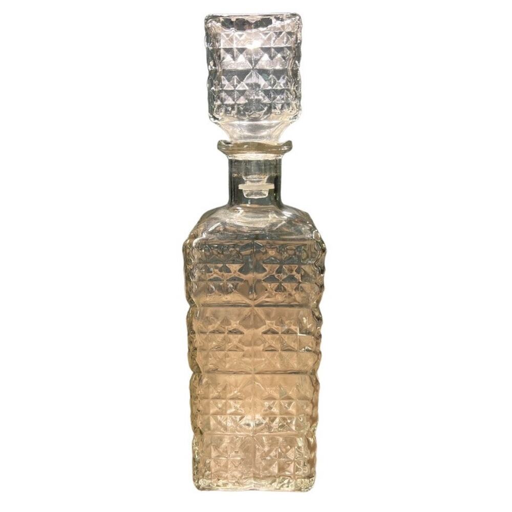 Vintage MCM Clear Square Glass Decanter Barware Cocktail Whiskey Bottle USA Made